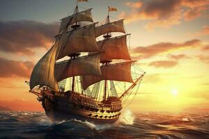 ai gegenereerd piraat schip het zeilen Aan de oceaan Bij zonsondergang. wijnoogst cruise. ai gegenereerd foto