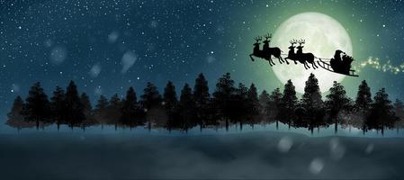 Kerstman met slee en herten die over de volle maan vliegen