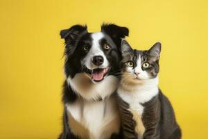 ai gegenereerd kat en hond samen met gelukkig uitdrukkingen Aan geel achtergrond. ai gegenereerd foto
