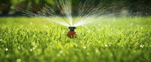 ai gegenereerd automatisch tuin gazon sproeier in actie gieter gras. ai gegenereerd foto