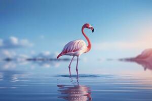 ai gegenereerd roze flamingo in de water. ai gegenereerd foto