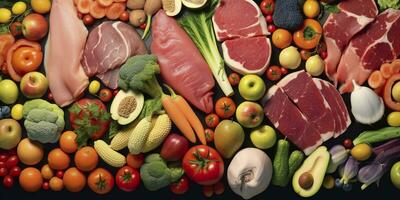 ai gegenereerd verschillend types van vlees, groenten, en fruit leggen in supermarkten. generatief ai foto