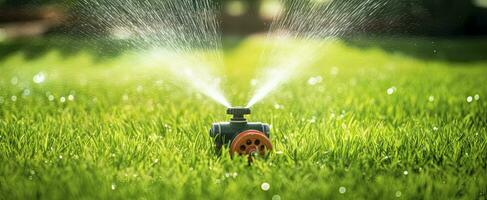 ai gegenereerd automatisch tuin gazon sproeier in actie gieter gras. ai gegenereerd foto