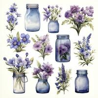 ai gegenereerd verzameling van waterverf metselaar potten met Purper bloemen clip art. ai gegenereerd foto