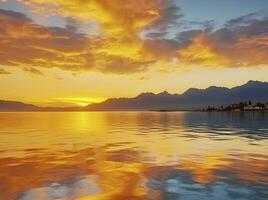 ai gegenereerd helder zonsondergang over- meer gouden wolken reflecteren in de water. ai gegenereerd. foto