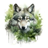 ai gegenereerd wolf dier in groen voor kinderen emotioneel aquarellen. ai gegenereerd foto