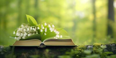 ai gegenereerd lelie van de vallei bloemen en oud boeken in de Woud, groen natuurlijk achtergrond. ai gegenereerd foto