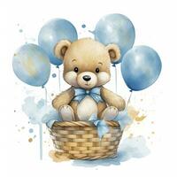 ai gegenereerd een waterverf baby teddy beer is zittend in de mand met blauw en goud ballonnen. ai gegenereerd foto