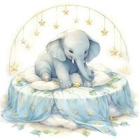 ai gegenereerd een olifant Aan een bed met sterren en dekens in de omgeving van de cirkel. ai gegenereerd foto