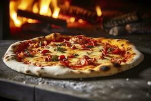 ai gegenereerd vers gebakken pizza detailopname, traditioneel hout ontslagen oven achtergrond. ai gegenereerd foto