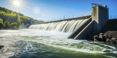 ai gegenereerd hydro-elektrisch dam genereren groen energie van vloeiende water. ai gegenereerd. foto