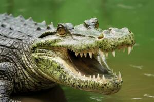 ai gegenereerd krokodil met haar mond breed Open met een groen meer in de groen achtergrond. ai gegenereerd foto