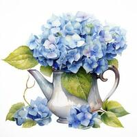 ai gegenereerd waterverf hortensia's in theepot geïsoleerd Aan wit achtergrond. ai gegenereerd foto