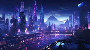 ai gegenereerd een futuristisch, cyberpunk geïnspireerd stadsgezicht Bij nacht. ai gegenereerd foto