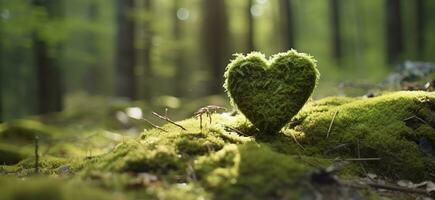 ai gegenereerd detailopname van houten hart Aan mos. natuurlijk begrafenis graf in de bossen. generatief ai foto