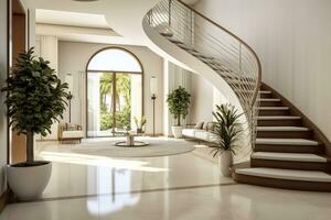 ai gegenereerd de interieur ontwerp van de modern Ingang hal met een trappenhuis in de villa. ai gegenereerd foto