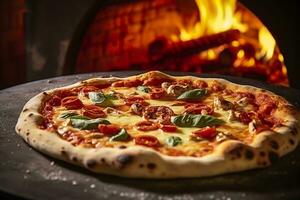 ai gegenereerd vers gebakken pizza detailopname, traditioneel hout ontslagen oven achtergrond. ai gegenereerd foto