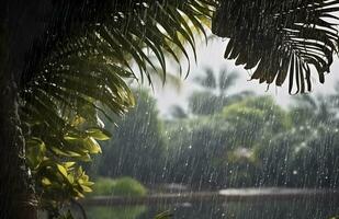 ai gegenereerd regen in de tropen gedurende de laag seizoen of moesson seizoen. regendruppels in een tuin. generatief ai foto