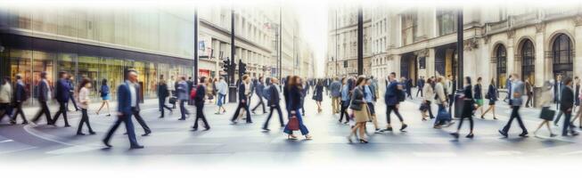 ai gegenereerd wandelen mensen vervagen. veel van mensen wandelen in de stad van Londen. breed panoramisch visie van mensen kruispunt de weg. ai gegenereerd foto