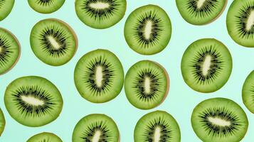 ai gegenereerd plakjes van kiwi fruit en groen munt bladeren Aan een licht pastel blauw achtergrond. ai gegenereerd foto