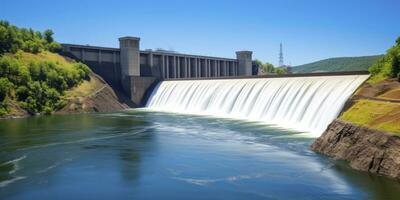 ai gegenereerd hydro-elektrisch dam genereren groen energie van vloeiende water. ai gegenereerd. foto