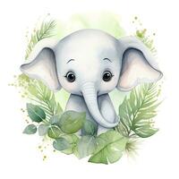 ai gegenereerd gelukkig schattig baby olifant in groen bladeren in de waterverf stijl. ai gegenereerd foto