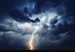 ai gegenereerd bliksem stakingen Aan een bewolkt dramatisch stormachtig lucht. ai gegenereerd foto