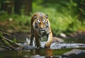 ai gegenereerd amur tijger wandelen in de water. gevaarlijk dier. dier in een groen Woud stroom. generatief ai foto