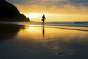 ai gegenereerd een persoon wandelen Aan de strand Bij zonsondergang. ai gegenereerd. foto