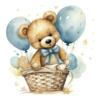 ai gegenereerd een waterverf baby teddy beer is zittend in de mand met blauw en goud ballonnen. ai gegenereerd foto