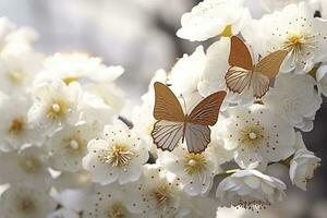 ai gegenereerd goden vlinders met wit bloemen. ai gegenereerd foto