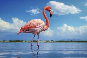 ai gegenereerd roze flamingo in de water. ai gegenereerd foto