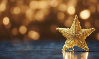 ai gegenereerd sprankelend gouden Kerstmis ster. ornament decoratie onscherp bokeh achtergrond. ai gegenereerd foto