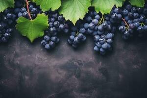ai gegenereerd vlak leggen achtergrond van wijnstokken, veel van biologisch blauw donker druiven. ai gegenereerd foto