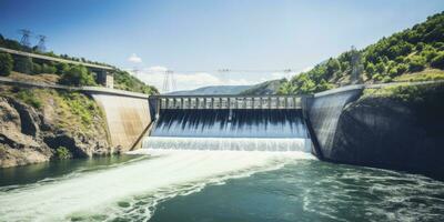 ai gegenereerd hydro-elektrisch dam genereren groen energie van vloeiende water. ai gegenereerd. foto