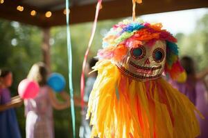 ai gegenereerd carnaval masker in de vorm van een schedel Bij een partij, een kleurrijk pinata Bij een kinderen partij met geblinddoekt kind klaar naar schommel, ai gegenereerd foto