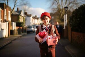 ai gegenereerd jongen in rood baret met Valentijn geschenk doos Aan de straat, een kind leveren handgemaakt Valentijnsdag dag kaarten, ai gegenereerd foto