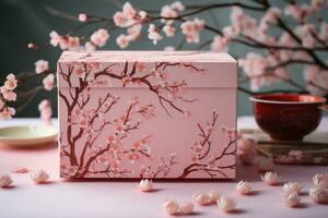 ai gegenereerd Chinese nieuw jaar geschenk doos met sakura bloesem Aan roze tafel, een kers bloesem themed Valentijnsdag dag geschenk doos, ai gegenereerd foto