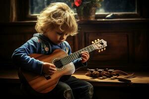 ai gegenereerd weinig jongen spelen de gitaar Bij huis. authentiek levensstijl afbeelding, een kind aan het leren naar Speel een muziek- instrument, ai gegenereerd foto
