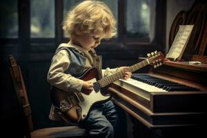 ai gegenereerd weinig jongen spelen de gitaar Bij huis. kind aan het leren naar Speel, een kind aan het leren naar Speel een muziek- instrument, ai gegenereerd foto