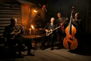 ai gegenereerd groep van muzikanten spelen Aan een cello in een donker kamer, Jaren 30 jazz- band spelen Aan een rustiek fase, ai gegenereerd foto