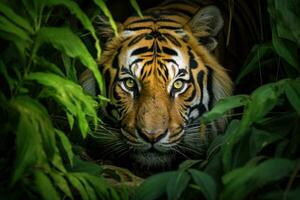 ai gegenereerd dichtbij omhoog van sumatran tijger, panthera Tigris altaica, een Bengalen tijger heimelijk stalken haar prooi in de dicht oerwoud, ai gegenereerd foto