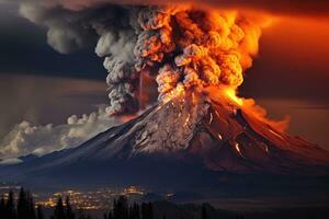 ai gegenereerd vulkanisch uitbarsting in kamtsjatka, Rusland, Bij nacht, uitbarsting van de tolbachik vulkaan, ai gegenereerd foto