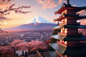 ai gegenereerd mt fuji met kers bloesem en pagode Bij zonsondergang, fujiyoshida, Japan, mooi visie van monteren fuji en chureito pagode Bij zonsondergang, ai gegenereerd foto