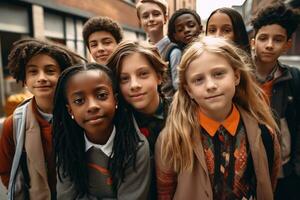 ai gegenereerd etnisch verscheidenheid school- kinderen foto