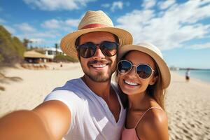 ai gegenereerd gelukkig paar nemen selfie Aan strand in de buurt zee. zomer vakantie foto