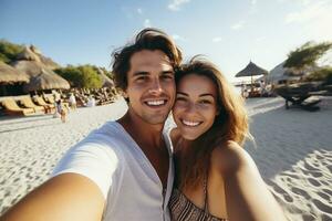 ai gegenereerd gelukkig paar nemen selfie Aan strand in de buurt zee. zomer vakantie foto