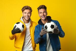 ai gegenereerd portret van een twee gelukkig jong mannen met voetbal bal geïsoleerd over- geel achtergrond foto