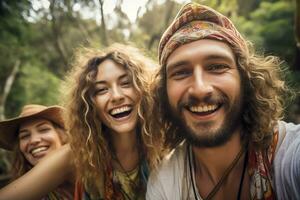 ai gegenereerd nemen selfie klein gelukkig groep van wandelaars verkennen Woud in de herfst genieten van reis foto