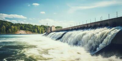 ai gegenereerd hydro-elektrisch dam genereren groen energie van vloeiende water. ai gegenereerd. foto